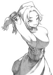 Rule 34 | 1girl, absurdres, arm up, armpits, boku no hero academia, breasts, dress, greyscale, highres, hiro illust11, lady nagant, looking up, medium hair, monochrome, simple background, sleeveless, sleeveless dress, smile, weapon, white background