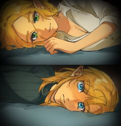 Rule 34 | 1boy, 1girl, blue eyes, breasts, cleavage, collarbone, didi en ilu, green eyes, hetero, highres, link, looking at another, lying, medium breasts, medium hair, nintendo, on side, parted bangs, pointy ears, princess zelda, shirt, short hair, sweatdrop, the legend of zelda, the legend of zelda: tears of the kingdom, upper body, vignetting, white shirt, wide-eyed