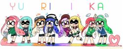 6+girls bike_shorts blonde_hair blush carrying closed_eyes eromame fangs game_console goggles goggles_on_head google green_hair hat heart inkling inkling_girl inkling_player_character interlocked_fingers long_hair multiple_girls nintendo open_mouth orange_eyes orange_hair paint paintbrush pink_hair pointy_ears princess_carry purple_hair red_hair shoes splatoon_(series) splatoon_1 squid tentacle_hair wii_u yuri