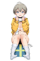 1girl ahoge artist_name bikini blue_eyes breasts cleavage commentary foreshortening full_body hair_between_eyes hands_up highres knees_together_feet_apart large_breasts long_sleeves looking_at_viewer navel no_shoes open_clothes open_mouth relaxjon short_hair sitting socks solo swimsuit teeth underboob upper_teeth_only uzaki-chan_wa_asobitai! uzaki_hana white_socks