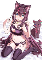 1girl animal_ear_fluff animal_ears azki_(hololive) bare_arms bell black_bra black_panties black_thighhighs blue_eyes blush bra breasts brown_hair cat cat_cutout cat_ears cat_girl cat_lingerie cleavage_cutout clothing_cutout collarbone crossed_bangs groin hair_between_eyes highres hololive long_hair looking_at_viewer medium_breasts meme_attire multicolored_hair navel neck_bell panties qussie red_hair side-tie_panties sitting solo streaked_hair thighhighs tongue tongue_out underwear underwear_only very_long_hair virtual_youtuber wariza