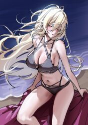 1girl absurdres bare_arms bare_shoulders beach bikini black_bikini breasts cleavage colored_eyelashes commission criss-cross_halter floating_hair hair_between_eyes halterneck highres large_breasts lethe_rin long_hair looking_at_viewer multi-strapped_bikini_bottom multi-strapped_bikini_top navel open_mouth original red_eyes sitting solo stomach string_bikini swimsuit thighs very_long_hair white_eyelashes white_hair yampa