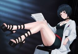1girl bare_legs belt black_choker black_dress black_hair blush breasts choker cleavage coat commentary dress english_commentary eyelashes feet full_body hand_up high_heel_sandals high_heels highres holding jewelry knees_together_feet_apart lab_coat legs long_sleeves looking_at_viewer medium_breasts mikan_zakuro nail_polish necklace open_clothes open_coat persona persona_5 red_belt red_nails sandals short_dress short_hair sitting solo stiletto_heels strappy_heels studded_choker takemi_tae thighs toenail_polish toenails toes white_coat