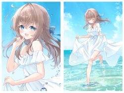 1girl bare_shoulders blue_eyes blue_sky blush bow breasts brown_hair closed_eyes closed_mouth commission dress frills hair_between_eyes hair_bow hair_ornament highres long_hair ocean omo_omochi_zzz open_mouth original outdoors skeb_commission sky sleeveless sleeveless_dress smile water white_dress