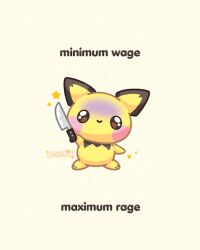 Rule 34 | :&gt;, blush stickers, brown eyes, english text, full body, gen 2 pokemon, holding, holding knife, knife, looking at viewer, nintendo, no humans, pichu, pokemon, pokemon (creature), poroful, simple background, smile, star (symbol), white background