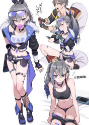 Rule 34 | 1boy, 1girl, absurdres, black panties, black sports bra, blowing bubbles, breasts, caelus (honkai: star rail), chewing gum, clothes pull, collarbone, commentary request, controller, eyewear on head, game controller, grey eyes, grey hair, handheld game console, highres, holding, holding controller, holding game controller, honkai: star rail, honkai (series), medium breasts, midriff, multiple views, navel, panties, pizzasi, playing games, pulling own clothes, shorts, shorts pull, silver wolf (honkai: star rail), simple background, sports bra, sunglasses, trailblazer (honkai: star rail), translation request, underwear, undressing, white background