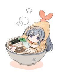 1girl bow bowl bowtie commentary_request food grey_hair highres holding holding_food holding_spring_onion holding_vegetable idolmaster idolmaster_shiny_colors in_bowl in_container kakyoin_noriaki kamaboko long_hair looking_at_viewer mini_person minigirl mushroom noodles open_mouth purple_eyes red_bow red_bowtie shiitake shrimp shrimp_costume shrimp_tempura sidelocks simple_background solo soup spawnfoxy spring_onion steam tempura translated udon vegetable white_background yukoku_kiriko