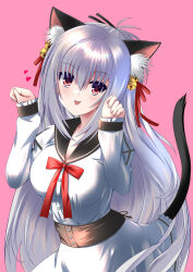 1girl :p absurdres animal_ear_fluff animal_ears bell black_sailor_collar blush breasts cat_ears cat_girl cat_tail closed_mouth commentary_request cowboy_shot dracu-riot! elena_olegovna_owen fingernails frilled_skirt frilled_sleeves frills futami_kazuha grey_hair hair_bell hair_between_eyes hair_ornament hair_ribbon hands_up heart highres jingle_bell kemonomimi_mode large_breasts long_hair long_sleeves looking_at_viewer paw_pose pink_background red_eyes red_ribbon ribbon sailor_collar school_uniform serafuku shirt simple_background skirt sleeves_past_wrists smile solo straight_hair tail tail_raised tongue tongue_out very_long_hair white_serafuku white_shirt white_skirt