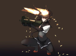 Rule 34 | 1girl, ahoge, black bodysuit, bodysuit, breasts, brown hair, bullpup, corset, expressionless, female focus, gun, hachimaki, hair flaps, hatsuzuki (kancolle), headband, horizontal magazine, kantai collection, low ponytail, medium breasts, neckerchief, p90, personal defense weapon, pleated skirt, ponytail, puffy short sleeves, puffy sleeves, sailor collar, scene reference, shell casing, short ponytail, short sleeves, sidelocks, skirt, solo, squatting, submachine gun, weapon, what, yamaioni (sasakama), yellow eyes