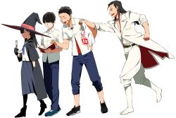 Rule 34 | 1girl, 3boys, absurdres, bag, belt, black coat, black footwear, black gloves, black hair, black pantyhose, blue eyes, blue footwear, book, closed mouth, coat, collared shirt, commentary request, delinquent, gloves, hair slicked back, hat, height difference, high heels, highres, holding, holding book, long hair, long sleeves, looking at another, multiple boys, open book, open mouth, original, pantyhose, plastic bag, pleated skirt, red shirt, shirt, short hair, skirt, standing, sweatdrop, teeth, translation request, tsurusaki yuu, white background, white shirt, witch hat