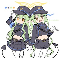 2girls :d armband belt belt_buckle black_belt black_hat black_jacket black_shorts black_skirt blue_archive buckle closed_mouth color_guide cowboy_shot demon_tail fang gloves hair_between_eyes halo hat highres hikari_(blue_archive) holding_hands jacket long_hair long_sleeves looking_at_viewer midriff multiple_girls navel nozomi_(blue_archive) open_mouth pantyhose peaked_cap pleated_skirt pointy_ears rabbit_pose ramudia_(lamyun) shorts siblings simple_background sisters skin_fang skirt smile tail twins twintails twitter_username very_long_hair white_background white_gloves white_pantyhose yellow_eyes yellow_halo