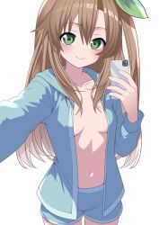 Rule 34 | 1girl, absurdres, blue jacket, blue shorts, breasts, brown hair, cellphone, choujigen game neptune, closed mouth, collarbone, commentary, cowboy shot, english commentary, green eyes, highres, holding, holding phone, hood, hood down, hooded jacket, if (neptunia), jacket, long hair, looking at viewer, navel, neptune (series), no bra, open clothes, open jacket, phone, selfie, shorts, simple background, small breasts, smartphone, solo, white background, xueli shimazaki