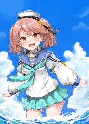 1girl alternate_costume aqua_neckerchief aqua_skirt black_ribbon blue_sailor_collar brown_eyes brown_hair cloud cosplay day dixie_cup_hat flat_chest hat hat_ribbon highres kantai_collection kirigakure_(kirigakure_tantei_jimusho) long_sleeves looking_at_viewer military_hat miniskirt navy_cross neckerchief open_mouth outdoors pleated_skirt ribbon ryuujou_(kancolle) sailor_collar samuel_b._roberts_(kancolle) samuel_b._roberts_(kancolle)_(cosplay) school_uniform serafuku shirt skirt sky sleeve_cuffs solo standing star_(symbol) twintails wading white_hat white_shirt