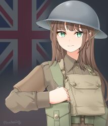 Rule 34 | 1girl, absurdres, ammunition pouch, armband, artist name, belt, british army, brodie helmet, brown armband, brown hair, brown jacket, closed mouth, combat helmet, commentary, dunkirk evacuation, flag background, green belt, green eyes, helmet, highres, jacket, leochan1202, long hair, long sleeves, looking at viewer, military, military combat uniform, military uniform, original, pouch, smile, solo, union jack, upper body, world war ii