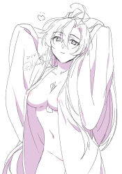 1girl ahoge areola_slip arms_behind_head arms_up between_breasts breasts chinese_clothes cleavage closed_mouth collarbone cowboy_shot dated genderswap genderswap_(mtf) greyscale groin hair_between_eyes hanfu heart highres kimako_(kimako_8) large_breasts long_hair long_sleeves looking_at_viewer modao_zushi monochrome naked_robe navel ofuda open_clothes open_robe partially_undressed ponytail robe simple_background smile solo talisman twitter_username very_long_hair wei_wuxian white_background wide_sleeves