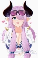 arms_behind_back bikini blue_bikini blue_eyes blush breasts cleavage danxshirox draph eyewear_on_head granblue_fantasy hair_over_one_eye heart highres horns huge_breasts long_hair looking_at_viewer narmaya_(granblue_fantasy) open_mouth pointy_ears purple_hair shirt sunglasses swimsuit wet white_shirt