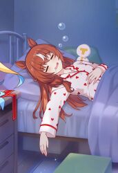 1girl alternate_costume animal_ears bails bed blush bubble character_doll doll drooling hair_between_eyes hair_ornament highres horse_ears horse_girl long_hair open_mouth simple_background solo solo_focus still_in_love_(umamusume) t-head_trainer_(umamusume) trainer_(umamusume) umamusume