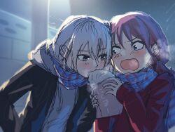 2girls ayataka_syumimi steamed_bun black_jacket blue_eyes blue_scarf blush brown_hair commentary food food_theft girls_band_cry grey_eyes grey_hair grey_hoodie hair_between_eyes highres hood hood_down hoodie iseri_nina jacket kawaragi_momoka long_hair long_sleeves low_twintails multicolored_hair multiple_girls open_clothes open_jacket open_mouth red_jacket roots_(hair) scarf short_hair short_twintails sidelocks twintails upper_body winter_clothes