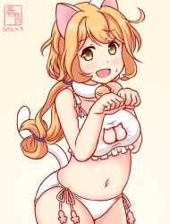 1girl animal_ears bell bra breasts cat_cutout cat_ear_panties cat_ears cat_lingerie cat_tail cleavage_cutout clothing_cutout frilled_bra frills jingle_bell kanon_(kurogane_knights) kantai_collection long_hair looking_at_viewer medium_breasts meme_attire neck_bell ootomari_(kancolle) orange_hair panties side-tie_panties smile solo sweatdrop tail underwear yellow_background