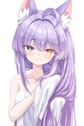 1girl :3 absurdres ahoge animal_ear_fluff animal_ears blue_eyes breasts drying drying_hair fox_ears fox_girl heterochromia highres kuma_piv long_hair looking_at_viewer orange_eyes purple_hair simple_background solo stellive tenko_shibuki towel upper_body virtual_youtuber wet wet_hair white_background