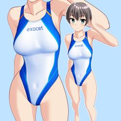 1girl absurdres aqua_background black_hair blue_eyes breasts commentary_request competition_swimsuit covered_navel feet_out_of_frame groin highleg highleg_one-piece_swimsuit highres medium_breasts multicolored_swimsuit multiple_views one-piece_swimsuit original short_hair simple_background swimsuit takafumi tomboy variant_set white_one-piece_swimsuit zoom_layer