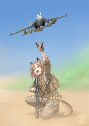 1girl :d aircraft airplane animal_ears artist_name brown_eyes bulletproof_vest camouflage camouflage_pants commentary dated dust f/a-18e_super_hornet fang fighter_jet gloves green_eyes grenade_launcher gun highres holding holding_gun holding_weapon jpc load_bearing_equipment load_bearing_vest long_sleeves m203 military military_combat_uniform military_uniform military_vehicle open_mouth original pants pointing sleeves_rolled_up smile soldier solo squatting tactical_clothes tail underbarrel_grenade_launcher united_states_marine_corps watermark weapon