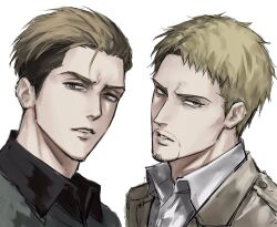 Rule 34 | 2boys, black hair, blonde hair, brown eyes, brown hair, expressionless, facial hair, highres, looking at viewer, male focus, multiple boys, mustache, porco galliard, reiner braun, shingeki no kyojin, shirt, short hair, simple background, sketch, sso s, undercut, white background, yellow eyes