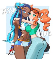 1girl 2girls aqua_eyes aqua_shirt belly_chain bikini black-framed_eyewear black_hair blue_eyes blue_hair blush breasts crop_top dark-skinned_female dark_skin dattosan earrings eyewear_on_head gloves green_eyes hair_bun hair_ornament heart heart_hair_ornament highres hoop_earrings jewelry large_breasts long_hair looking_at_viewer multicolored_hair multiple_girls navel nessa_(pokemon) nintendo no_coat open_mouth orange-tinted_eyewear orange_hair pants pokemon pokemon_swsh ribbed_shirt shirt side_ponytail single_glove single_hair_bun smile sonia_(pokemon) sunglasses swimsuit tankini tinted_eyewear two-tone_hair