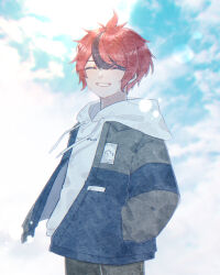 ^_^ absurdres ahoge black_streaks blue_jacket closed_eyes cloud cloudy_sky cowboy_shot drawstring grey_jacket hand_in_pocket highres hood hoodie jacket jacket_over_hoodie male_focus multicolored_hair multicolored_jacket open_clothes open_jacket red_hair short_hair sky smile streaked_hair sumino_takumi swtr_hndr the_hundred_line_-last_defense_academy- two-tone_jacket white_hoodie