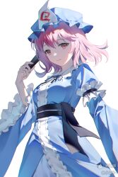 1girl absurdres arm_garter black_ribbon black_sash blue_hat blue_kimono center_frills closed_mouth cowboy_shot folding_fan frills hand_fan hat highres holding holding_fan japanese_clothes kimono long_sleeves looking_at_viewer mob_cap neck_ribbon obi pink_hair red_eyes ribbon saigyouji_yuyuko sash short_hair simple_background smile solo touhou triangular_headpiece white_background wide_sleeves youren_ljun