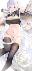 1girl absurdres ak-alfa_(girls&#039;_frontline) black_shirt black_thighhighs blush bottle breasts cleavage commentary crop_top girls&#039;_frontline girls&#039;_frontline_2:_exilium hand_up headgear highres holding holding_bottle incoming_drink janyhero long_hair looking_at_viewer medium_breasts navel neck_armor no_pants one_eye_closed panties shirt simple_background solo stomach thighhighs tololo_(girls&#039;_frontline_2) underwear very_long_hair water_bottle white_background white_hair white_panties yellow_eyes