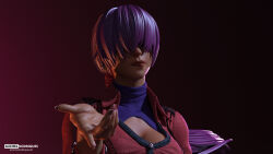 1girl arm_up biting_own_lip breasts cleavage dark-skinned_female dark_skin dress female_focus large_breasts long_hair michelrodrigues.art orochi_shermie ponytail purple_hair shermie_(kof) tan the_king_of_fighters turtleneck