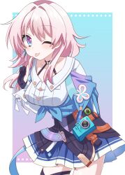 1girl ;p acorn arm_behind_back badge black_choker black_corset black_gloves blue_eyes blue_jacket blue_skirt blush border breasts button_badge buttons camera choker collarbone commentary_request corset cowboy_shot earrings flower_ornament gloves gradient_background hair_intakes hand_up highres honkai:_star_rail honkai_(series) index_finger_raised jacket jewelry leaning_forward long_sleeves looking_at_viewer march_7th_(honkai:_star_rail) march_7th_(preservation)_(honkai:_star_rail) medium_breasts medium_hair minase_(ll0141) miniskirt multicolored_eyes one_eye_closed outside_border partially_fingerless_gloves pink_hair pleated_skirt purple_eyes shirt single_earring skirt solo thigh_strap tied_jacket tongue tongue_out two-tone_eyes underbust white_border white_shirt