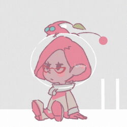 Rule 34 | 1girl, backpack, bag, bellhenge, big nose, black eyes, brittany (pikmin), eyelashes, glasses, gloves, helmet, nintendo, pikmin (creature), pikmin (series), pikmin 3, pink gloves, pink hair, pointy ears, pointy nose, radio antenna, red-framed eyewear, short hair, sitting, space helmet, spacesuit, triangular eyewear, very short hair, whistle, winged pikmin