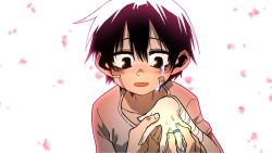 1boy bags_under_eyes bandage_on_face bandaged_wrist bandages bandaid bandaid_on_cheek bandaid_on_face black_eyes cherry_blossoms commentary_request engagement_ring hair_between_eyes holding holding_jewelry holding_ring jewelry korean_commentary lee_hoon looking_down male_focus marriage_proposal open_mouth ornate_ring parkgee petals putting_on_jewelry ring smile solo_focus suicide_boy tears white_background