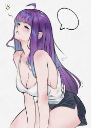 1girl absurdres black_shorts breasts cleavage closed_eyes fern_(sousou_no_frieren) highres large_breasts long_hair sengnam1997 shorts simple_background solo sousou_no_frieren speech_bubble tank_top white_background white_tank_top