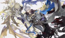 Rule 34 | 3boys, absurdres, alternate form, antenna hair, armor, asymmetrical wings, black choker, black cloak, black shirt, black wings, blonde hair, blue cape, blue eyes, cape, choker, cloak, coat, cracked skin, dichlorvos, flame reaver of the deepest dark, hair between eyes, halo, halo behind head, hashtag-only commentary, highres, holding, holding sword, holding weapon, honkai: star rail, honkai (series), hood, hood down, hooded cloak, male focus, material growth, multiple boys, parted bangs, pauldrons, phainon (honkai: star rail), shirt, short hair, shoulder armor, simple background, single pauldron, stab, sword, torn clothes, torn shirt, weapon, white background, white coat, white hair, wings, yellow blood, yellow wings