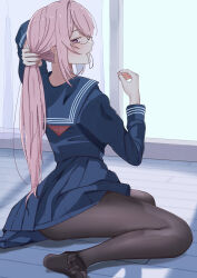 1girl absurdres black_pantyhose blue_sailor_collar blue_serafuku blue_skirt blush glasses hair_between_eyes hair_tie_in_mouth hand_in_own_hair highres long_hair mouth_hold pantyhose pink_eyes pink_hair pleated_skirt sailor_collar school_uniform serafuku sitting skirt sr_syuka tsukishiro_yanagi wariza zenless_zone_zero