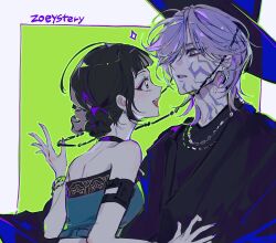 1boy 1girl :d a197nri79he10ls aqua_shirt bare_shoulders black_hair black_hanbok black_hat black_shirt blunt_bangs body_markings border bracelet braid braided_bun brown_eyes chain chain_necklace crop_top double_bun ear_piercing earrings eyelashes eyeshadow facial_mark fingernails gat_(hat) gatkkeun green_background grey_eyes grey_hair hair_bun hanbok hand_up hashtag-only_commentary hat highres jewelry korean_clothes korean_traditional_hat kpop_demon_hunters looking_at_another makeup mystery_(kpop_demon_hunter) nail_polish necklace open_mouth outside_border parted_lips piercing purple_nails shirt sidelocks smile teeth upper_body upper_teeth_only white_border zoey_(kpop_demon_hunters)