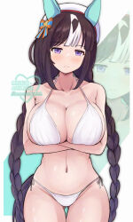 Rule 34 | 1girl, amayoruao, animal ears, bikini, braid, breasts, brown hair, collarbone, commentary request, crossed arms, ear covers, hat, highres, hokko tarumae (umamusume), horse ears, horse tail, large breasts, long hair, looking at viewer, multicolored hair, navel, purple eyes, solo, streaked hair, swimsuit, tail, twin braids, umamusume, very long hair, white background, white bikini, white hair, white hat, zoom layer