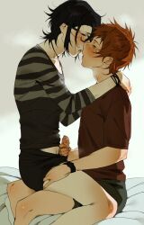 2boys after_kiss black-framed_eyewear black_hair black_male_underwear blush collarbone erection from_side fushimi_saruhiko glasses handjob highres k-project long_sleeves male_focus male_underwear multiple_boys open_mouth orange_hair penis penis_out precum shirt short_hair shorts simple_background straddling thighs tongue treslech3s underwear upright_straddle watch white_background wristwatch yaoi yata_misaki