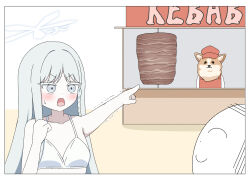 1boy 1girl 1other bikini blue_archive blush braid clenched_hand colored_eyelashes commentary_request dog doner_kebab doodle_sensei_(blue_archive) english_text grey_eyes grey_hair halo hand_up highres ikurage_(namakurage_13) index_finger_raised long_hair looking_at_another nagusa_(blue_archive) nagusa_(swimsuit)_(blue_archive) official_alternate_costume open_mouth outstretched_arm pointing sensei_(blue_archive) simple_background single_braid sweatdrop swimsuit trembling upper_body white_background white_bikini white_halo