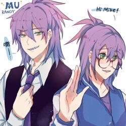 1boy dual_persona english_text glasses green_eyes humanization male_focus monsters_inc. monsters_university necktie palinyi personification purple_hair randall_boggs sharp_teeth smile teeth translation_request upper_body
