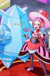 Rule 34 | 1girl, :o, bare shoulders, black gloves, dana (pokemon), dress, elbow gloves, full body, gen 3 pokemon, gloves, hat, highres, holding, holding poke ball, legendary pokemon, looking at viewer, nintendo, open mouth, pink dress, pink eyes, pink hair, pink hat, poke ball, poke ball (basic), pokemon, pokemon (creature), pokemon xy, regice, short hair with long locks, speedy (pkh), teeth, upper teeth only, v-shaped eyebrows