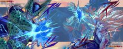 3boys absurdres arthropod_boy aura battle black_hair blonde_hair blood_on_body blue_eyes blue_sash broken_arm bruise bruise_on_arm bruise_on_face carapace cell_(dragon_ball) confrontation dots dragon_ball dragon_ball:_sparking! dragonball_z electricity energy evil_grin evil_smile father-son_kamehameha father_and_son glowing glowing_eyes glowing_hand glowing_hands grin highres injury insect_wings jumpsuit kamehameha_(dragon_ball) kornart male_focus multiple_boys muscular muscular_male open_mouth opposing_sides outstretched_arms outstretched_hand own_hands_together perfect_cell powering_up purple_jumpsuit red_eyes sash scene_reference scratches smile son_gohan son_goku spiked_hair spirit spots super_saiyan super_saiyan_2 torn_clothes v-shaped_eyebrows wings