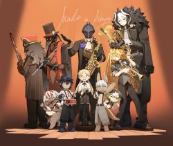 1other 4boys 6+girls absurdres alternate_costume animal_ears black_cape black_coat black_gloves black_hair blonde_hair bondrewd cape coat curly_hair faputa full_body gloves hair_between_eyes highres holding horizontal_pupils instrument jacket knifedragon long_hair looking_at_viewer lyza_(made_in_abyss) made_in_abyss monster_girl multicolored_hair multiple_boys multiple_girls music nanachi_(made_in_abyss) open_mouth orchestra ozen plague_doctor_mask playing_instrument prushka red_eyes reg_(made_in_abyss) riko_(made_in_abyss) saxophone short_hair smile srajo tuba two-tone_hair very_long_hair white_hair yellow_eyes