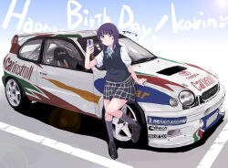 1girl asaka_karin black_vest blue_eyes blue_hair blunt_bangs breasts car cellphone character_name closed_mouth collared_shirt green_ribbon grey_skirt happy_birthday highres holding holding_phone lens_flare love_live! love_live!_nijigasaki_high_school_idol_club maruyo medium_breasts medium_hair motor_vehicle neck_ribbon nijigasaki_school_uniform phone plaid_clothes plaid_skirt race_vehicle racecar rally_car ribbon school_uniform shirt skirt smartphone solo summer_uniform sweat toyota toyota_corolla toyota_corolla_wrc translation_request vest wavy_mouth white_shirt world_rally_championship