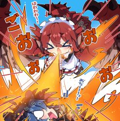 &gt;_&lt; 2girls absurdres apron arzuros black_shoes blue_hair breath_weapon breathing_fire brown_pantyhose character_request closed_eyes commentary_request dragon_wings dress fang fire flying_sweatdrops frilled_apron frilled_dress frills hair_between_eyes highres maid maid_apron maid_headdress milkpanda monster_hunter_(series) multiple_girls open_mouth pantyhose personification red_dress red_hair shoes short_eyebrows sweat teardrop thick_eyebrows translation_request v-shaped_eyes white_apron wings