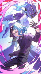 1boy amethio_(pokemon) black_pants bright_pupils ceruledge closed_mouth collared_shirt commentary_request gloves hand_up highres holding holding_poke_ball loose_hair_strand male_focus multicolored_hair nintendo pants poke_ball poke_ball_(basic) pokemon pokemon_(anime) pokemon_(creature) pokemon_horizons purple_eyes shiromi_(shiromikk) shirt short_hair two-tone_hair white_background white_pupils