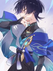 1boy arm_at_side armor belt black_belt black_bodysuit black_bow black_bridal_gauntlets black_hair black_shorts blue_cape blue_kimono blue_sleeves blunt_ends bodysuit bow bridal_gauntlets cape colored_inner_hair covered_collarbone covering_own_mouth eyelashes genshin_impact gold_ring grey_background hakama hakama_shorts han&#039;eri hand_over_own_mouth hand_up highres japanese_armor japanese_clothes kimono kote kurokote layered_kimono layered_sleeves looking_to_the_side male_focus mandarin_collar middle_ring multicolored_hair nanny_(199269) open_clothes open_hand open_kimono pleated_shorts purple_eyes purple_hair purple_rope purple_sash rope sanpaku sash scaramouche_(genshin_impact) shaded_face short_sleeves shorts shoulder_peek solo tassel three_quarter_view tsurime upper_body wanderer_(genshin_impact) white_kimono white_sleeves white_trim wind